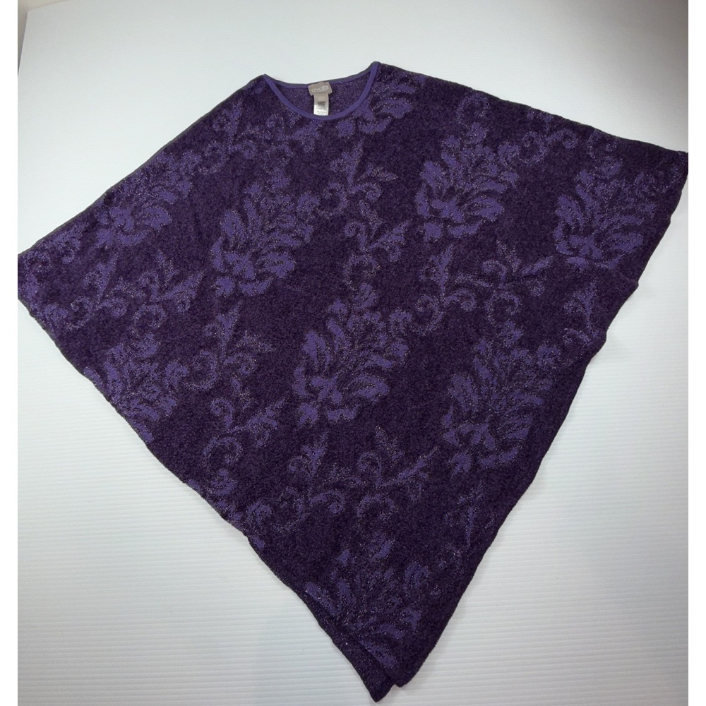 Chico's Feather Knit Jacquard Poncho Sweater Purple Floral Silver Line Size L/XL